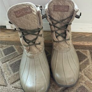 Sperry Beige and Olive Duck Boots